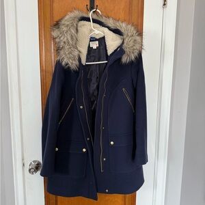 Jcrew Navy Wool coat with Faux Fur Hood